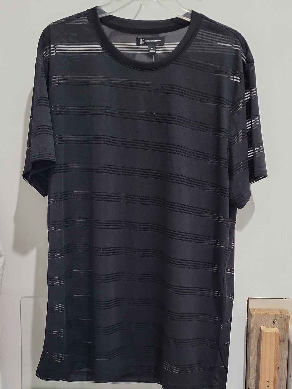 INC International Concepts Black Short-Sleeve Sheer Stripe Tunic